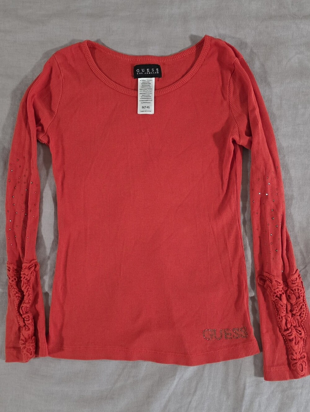 Guess Girls's Red-Orange Long Sleeve Crochet Accent Knit Top with Rhinestones S